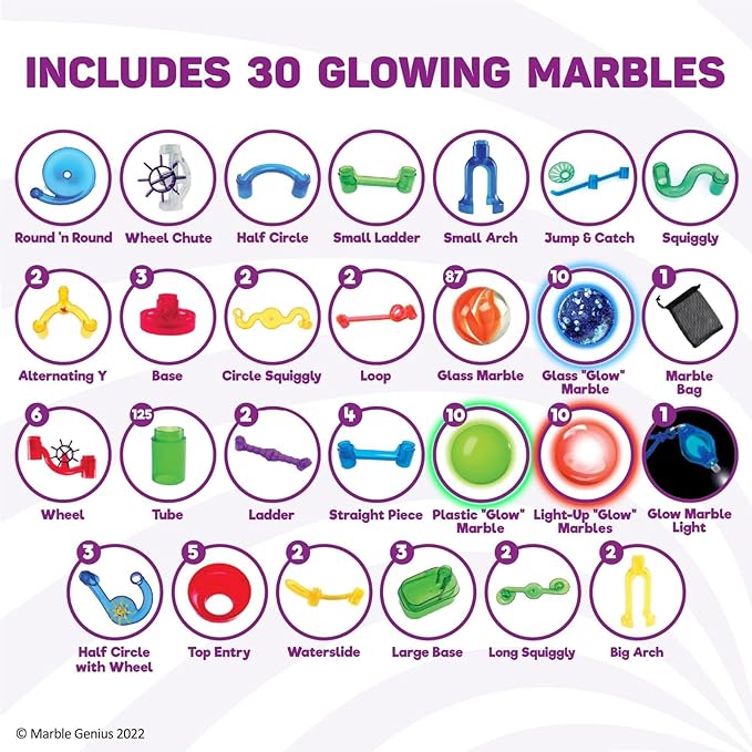 Marble Genius Glow Marble Run Track Race Super Set for Kids Age 4+ - 200 pcs, Glow in The Dark, STEM Educational Building Block, Color Instruction Manual, Great Gifts for Kids
