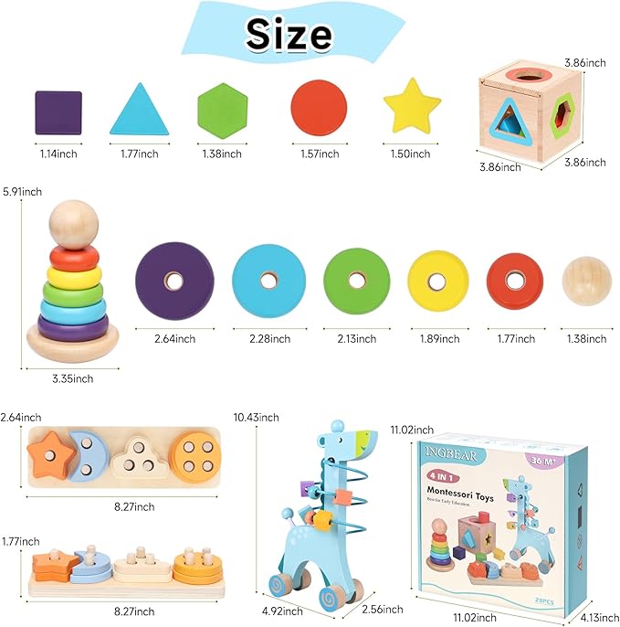 Wooden Montessori Toys for 1 Year Old, 4-in-1 Educational Sensory and Baby Learning Toys for Toddlers Aged 1-3, Boy and Girl's Best Gifts for Birthday (Blue)
