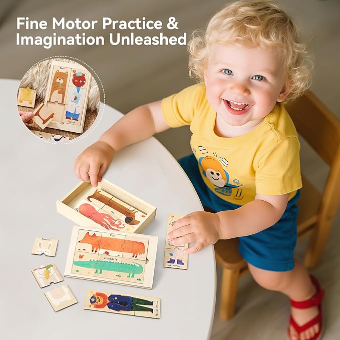 Wooden Animal & Career Jigsaw Puzzle for Toddlers Ages 3-5: Colorful Montessori Matching Puzzle with Chunky Pieces, Developing Fine Motor Skills & Cognitive Awareness