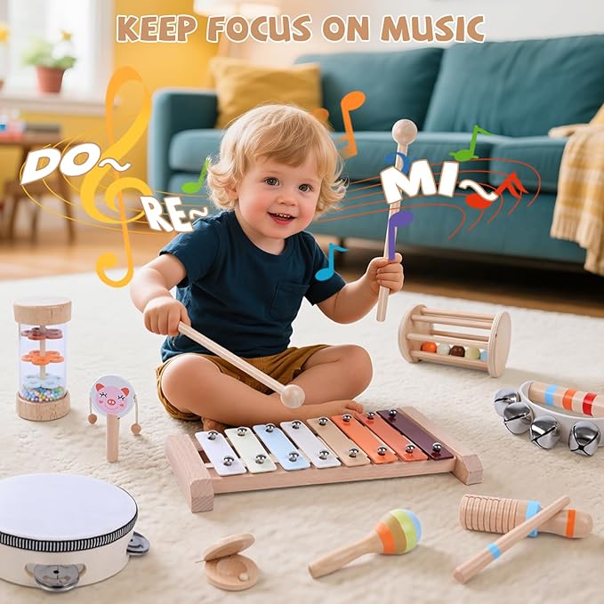 Baby Musical Instruments Set, Montessori Natural Wooden Percussion Instruments for Kids Preschool Educational Musical Toys Set with Wooden Puzzles for Toddlers 4-6, CPC Certified Music Toys