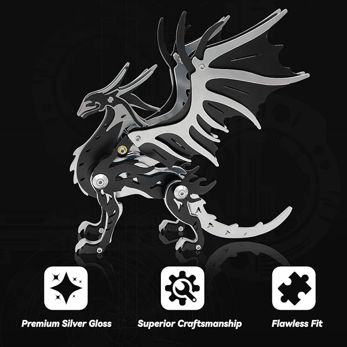 3D Metal Puzzles,3D Metal Puzzle for Adults,Mechanical Model Kit Magic Wing Dragon Black Silver,Steel 3D Puzzles Stainless Steel Ornaments for Adults Home Decor Art Craft Gifts Toys.