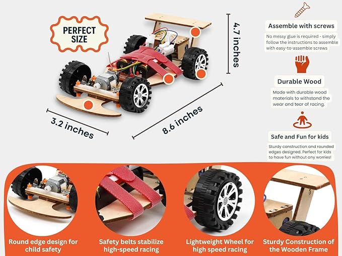 Wooden Wireless Remote Control F1 Racing Car Science Kit to Build (Red), STEM Project for Kids Aged 9 10 11 12 13, Science Building Kit Gift for Boys and Girls