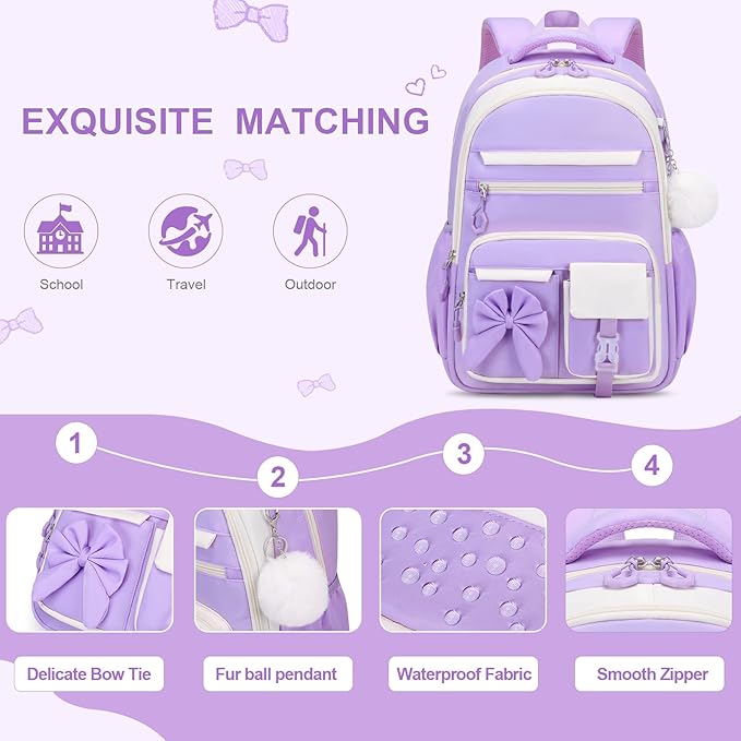 Backpack for Girls, 3PCS Girls Backpack for School with Lunch Bag Pencil Case, Cute Kids Teens Bookbag for Kindergarten Elementary Preschool Middle School (Purple)