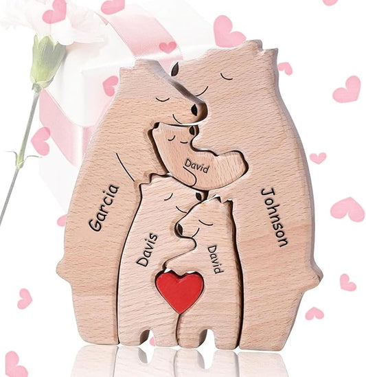 Custom Wooden Bears Family Puzzle with 2-8 Family Name - Family Decor for Mom Unique Wooden Decor Gift for Mom and Dad Mother's Day Father's Day Jigsaw Puzzles (Bear Jigsaw Puzzle)