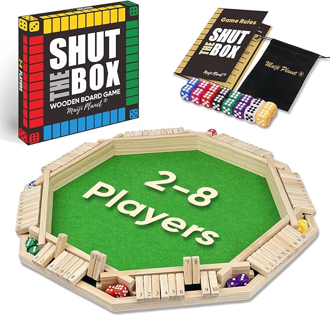 Deluxe 2-8 Player Original Shut The Box Game, Math Dice Board Game for Family Night Classroom Travel, Wooden Classic Table for Group Kid Adult Senior Travel Party Bar Easy Quick and Fun