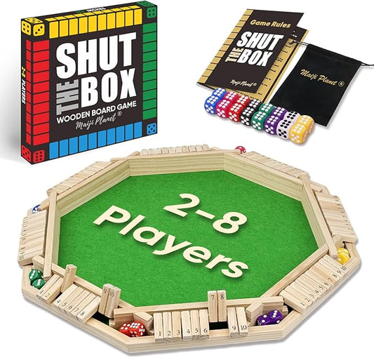 Deluxe 2-8 Player Original Shut The Box Game, Math Dice Board Game for Family Night Classroom Travel, Wooden Classic Table for Group Kid Adult Senior Travel Party Bar Easy Quick and Fun