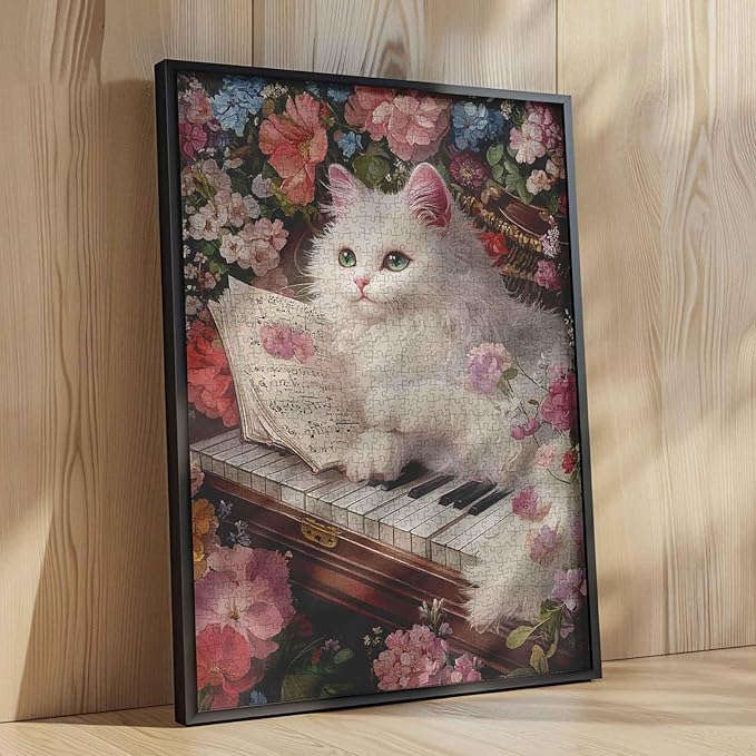 White Cat Lying On Antique Piano Jigsaw Puzzles for Adults 1000 Pieces, Garden Musical Instruments Animal Kitten Art Puzzles for Challenging Family Activity Games DIY Crafts Puzzle Home Decor Gifts