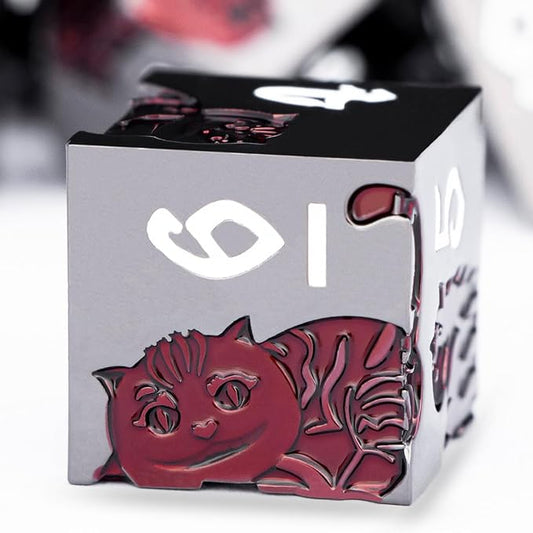 Metal DND Cat Dice 7PCS Polyhedral RPG Dice Set with Gift Case for Dungeons Dragons Role Playing Game, D and D Dice D6 D8 D10 D12 D20 D% (Red Black)