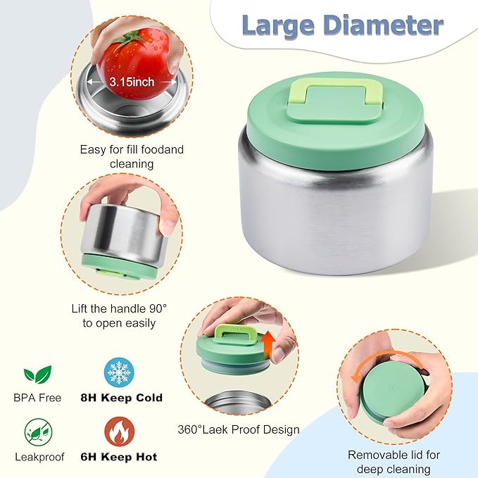 MAISON HUIS Kids Bento Box Set - Includes 8oz Soup Thermo, Insulated Lunch Bag & 17oz Stainless Steel Water Bottle, 5-Compartment Bento Box with Built-In Ice Pack, Leak-Proof & BPA-Free(Green)