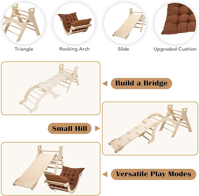 Large Foldable Toddler Climbing Toys Indoor Jungle Gym, Pikler Triangle Set with Cushion, S-lide and Arch, 7-in-1 Montessori Climbing Set(1.5-5yrs)