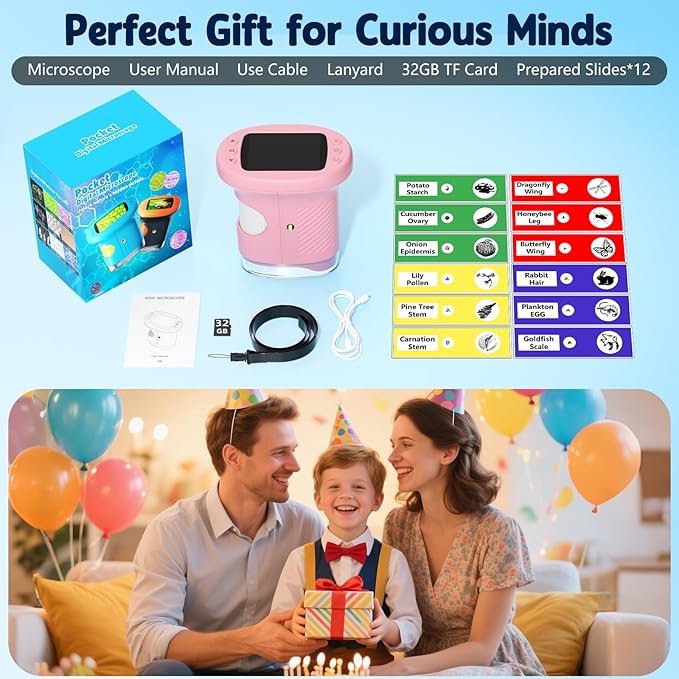 1000X Handheld Microscope for Kids, 4K 2.4" Screen Digital Kids Microscopes with 12 Slides, Portable Edu Toys Gifts for Age 3 4 5 6 7 8 9 10 11 12 Year Old Boys Girls Children Students(Pink)