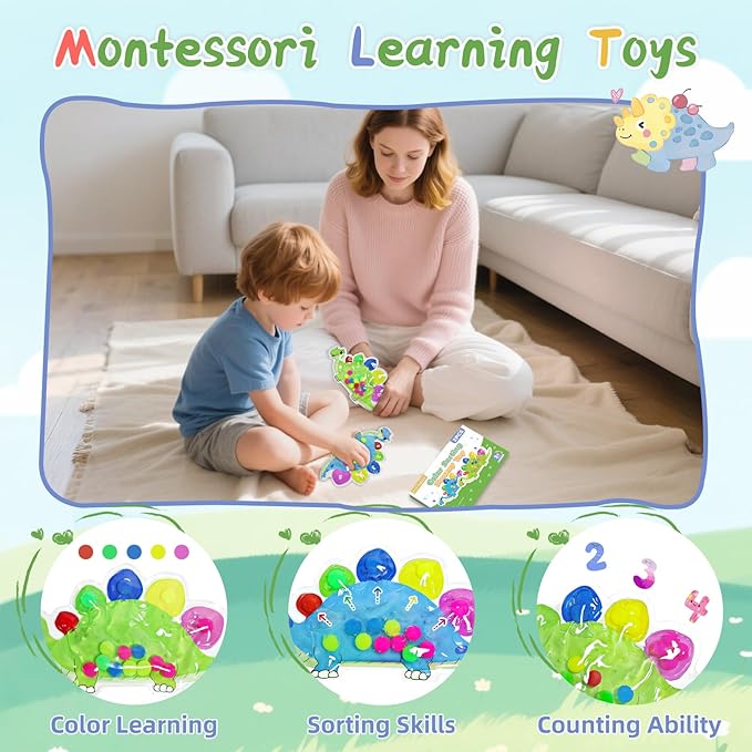 2pcs Color Sorting Sensory Toys for Toddlers 3-5, Preschool Learning Activities Fine Motor Skills Travel Toy for 3 4 5 Year Old, Montessori Dinosaur Autism Quiet Fidget Toys for Kids Girls Boys