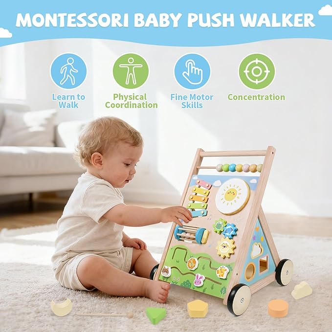 Wooden Baby Walker with Wheels, Montessori Baby Push Walker for Babies 6-12 Months, Baby Activity Center Walking Toy for 1 Year Old Learning to Walk Toddler Girls Boys
