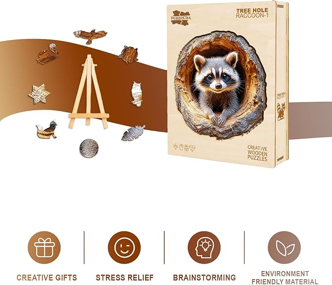 Wooden Jigsaw Puzzles, Tree Hole Raccoon Wooden Puzzles for Adults with Unique Shape, Adult Jigsaw Puzzle, Birthday Gifts for Adults, 13.4"x12.9" - 270pcs