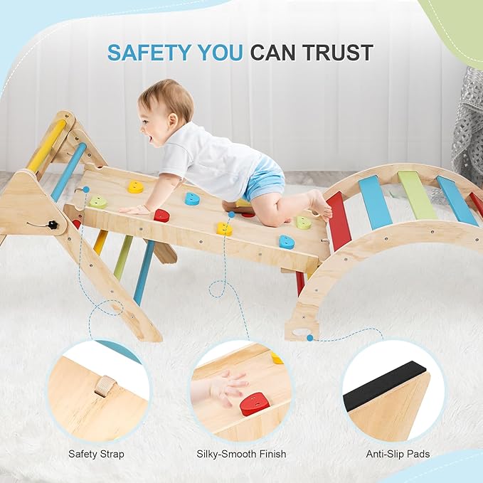 Pikler Triangle Set for Toddlers, 7-in-1 Foldable Montessori Climbing Gym with Safety Strap, Indoor Wooden Arch, Ramp, Ladder for Active Play - Classic