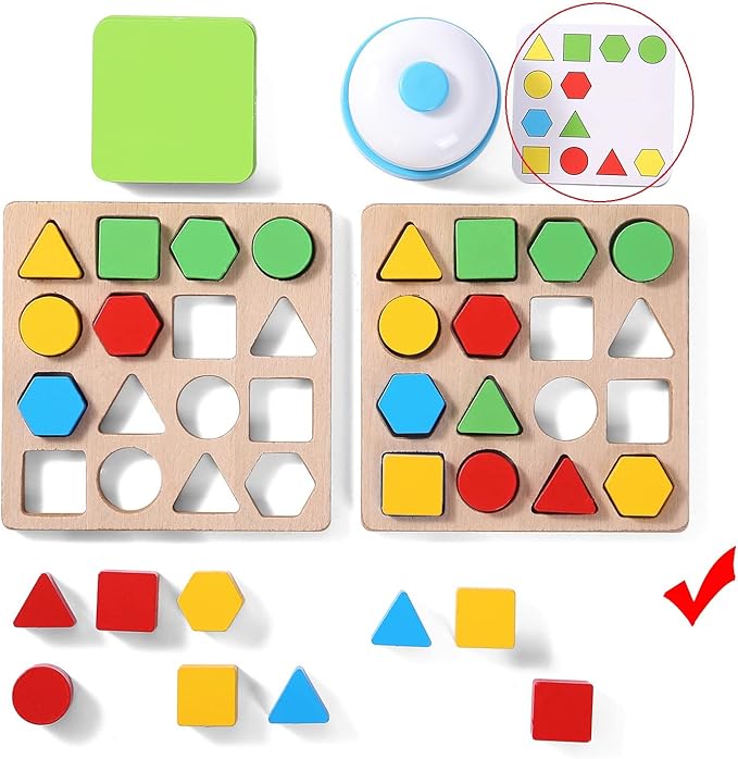 Wooden Puzzles Shape Color Matching Board Games Preschool Educational Montessori Toys for Kids 3 4 5 6 Years Old Boys Girls Brain Teaser Puzzle Logic Game with Bell Cards