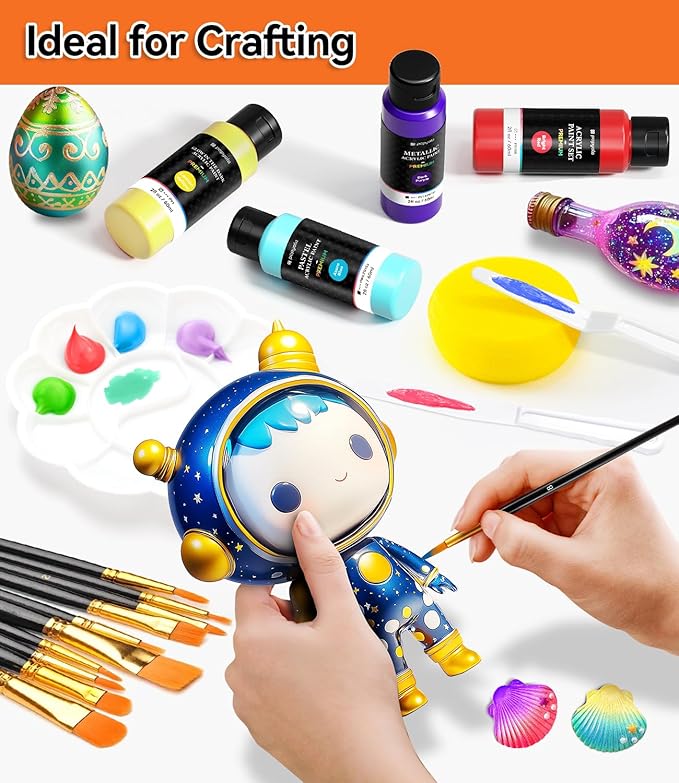 64 PCS Classic & Pastel & Metallic & Glow in the Dark Acrylic Paint Set with 12 Brushes, 2 Knives & Palette, 48 Colors Art Craft Paint for Beginners, Halloween Pumpkin Canvas Ceramic Rock Painting Kit