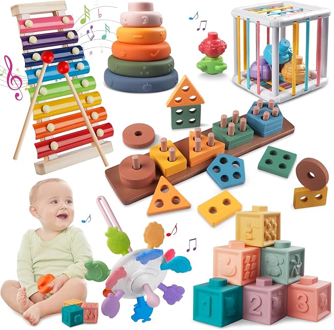 Montessori Baby Toy for 1+ Year Old Sorting Stacking Learning Toys 6 to 12 Months Wooden Building Blocks, Xylophone Musical, Infant Teethers Toys for Baby, 6 in 1 Toy Birthday Gifts for Toddlers 1 2 3