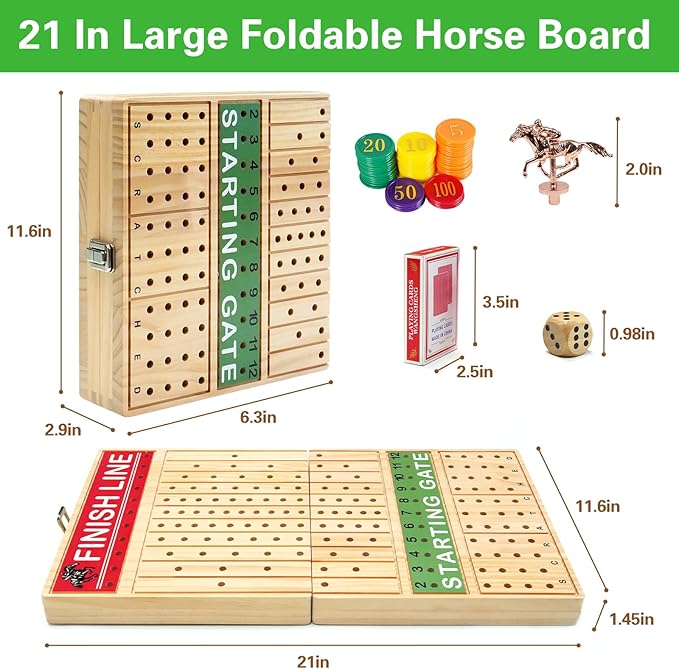 FUNNYB&G 21 inches Horse Race Board Game Foldable Large Horse Racing Game for Adults with 11 Metal Horses, Solid Wood 60 Pcs Poker Chips 2 Dice 1 Pack of Cards for Family Tabletop Parties(Log)
