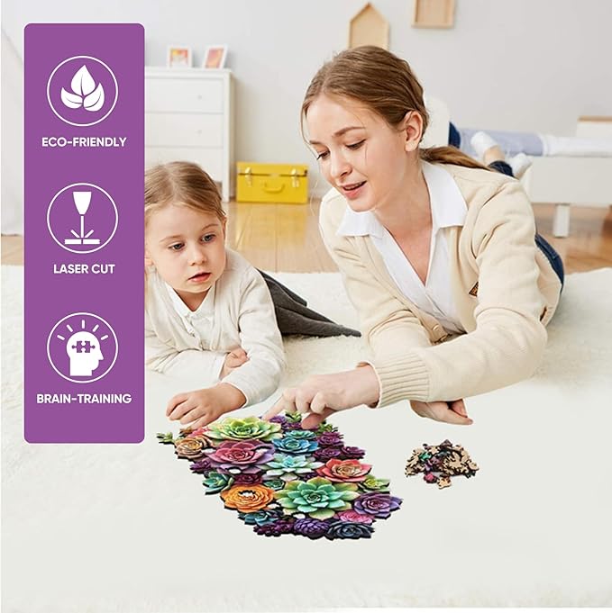 Wooden Jigsaw Puzzle, 500 Pcs Unique 3D Shape Jigsaw Puzzles, Wood Puzzle Gift Box Packing, Medium Size Letter, Creative Gift for Adults and Kids, Fun Challenging (EA2Succulent, 500PCS)