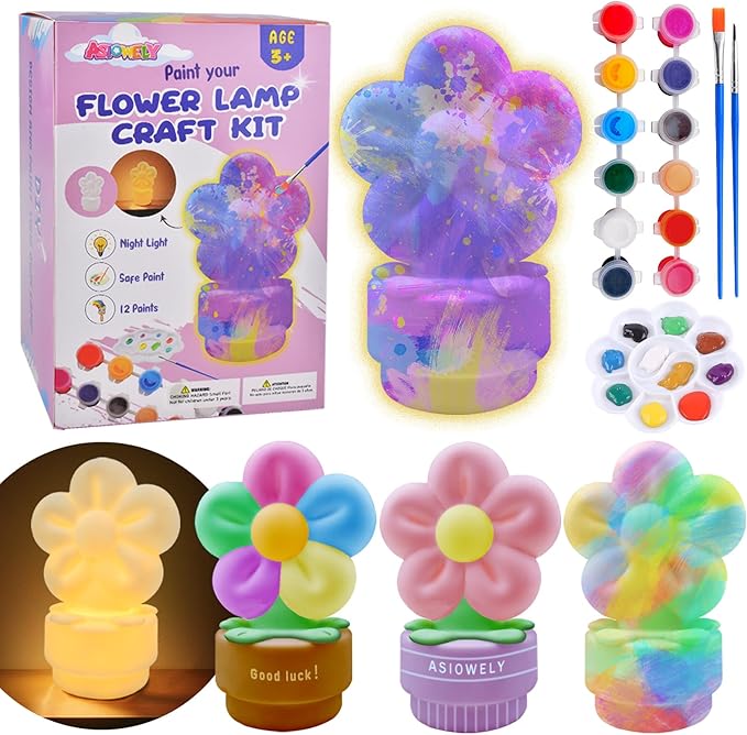 ASIOWELY Paint Your Own Flower Lamp Kit,Arts and Crafts Supplies for Kids Toys Ages 4-6-8-12,DIY Art Night Light Painting Set for Girls Ages 5-10,Birthday Gifts for 3-12 + Year Old Toddler Teens Adult