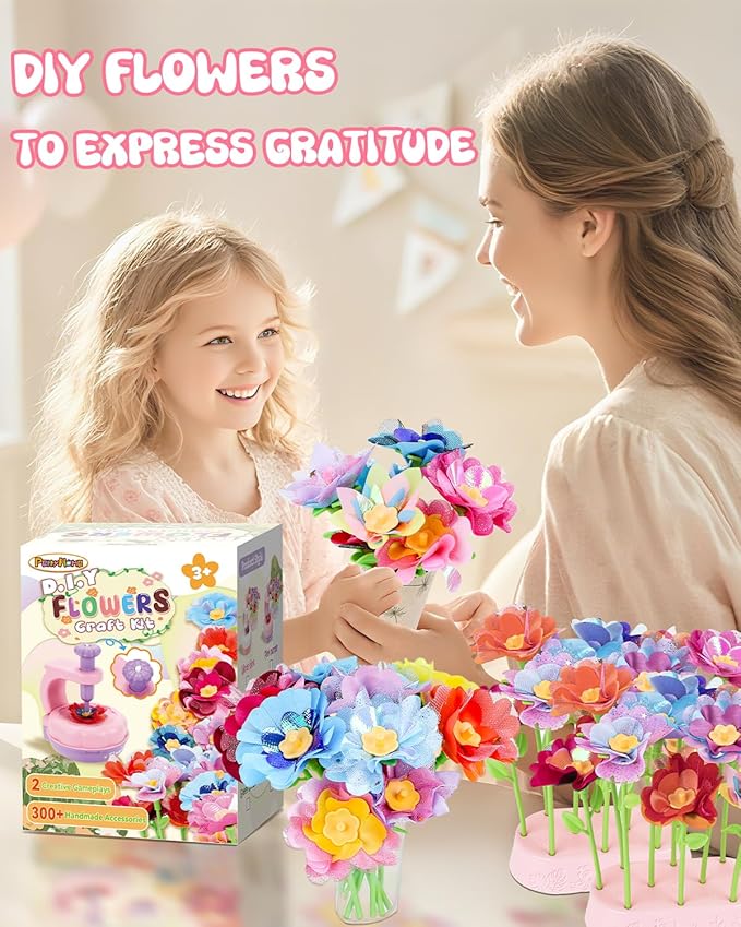 PERRYHOME Fabric Flower Bouquets Toys, 300+ Pcs DIY Flower Crafts for Kids, 2 Gameplays Educational Arts & Crafts Toy, Thanksgiving Birthday and Christmas Gift for 3 4 5 6 7 8 Years Toddler Girl