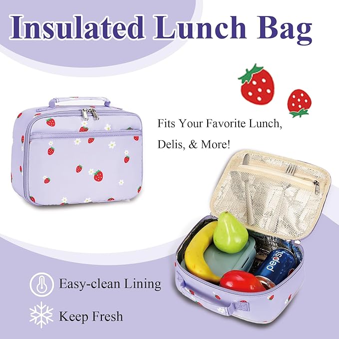LEDAOU Kids School Backpack with Lunch Box for Girls Boys Kindergarten BookBag School Bag Preschool Toddler Backpack(Purple Strawberry)