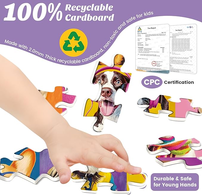 3-Pack 100 Piece Puzzles for Kids,Dogs Cats Cupcakes Puzzle for Kids Age 4-6 6-8 8-10,Unique Large Piece Animals Jigsaw Puzzle,Recycled Paper,Bright & Colorful Educational Puzzle Game,Boys Girls Gift