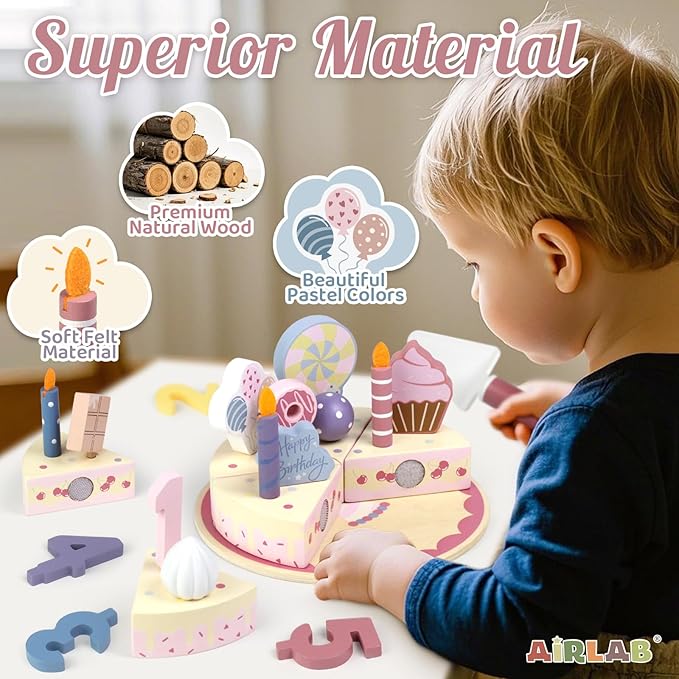 Wooden Birthday Party Cake Play Food Sets for Toddler 2 3 4 5 Year Old Girls Boys Kids Kitchen Accessories Pretend Play Toy Gift Educational Toys