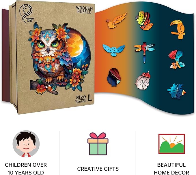 Wooden Puzzles for Adults Owl Jigsaw Puzzles 300 Piece,Thanksgiving Birthday Gifts Family Game,Unique Shape Puzzle Challenge 14.9 x 14.9 Inch