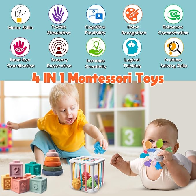 Montessori Baby Toys for Ages 6-18 Months - Pull String Teether, Stacking Blocks, Sensory Shapes Storage Bin, Infant Bath Time Fun, 4 in 1 Toddlers Toy Gifts for 1 2 3 Year Old Boys Girls
