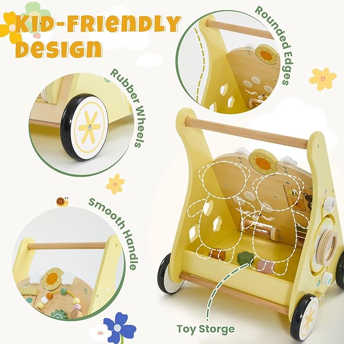 labebe Wooden Baby Walker, Push Walker for Baby Boys and Girls with Activity Center, Montessori Walker Push Toy for Toddler Learning to Walk