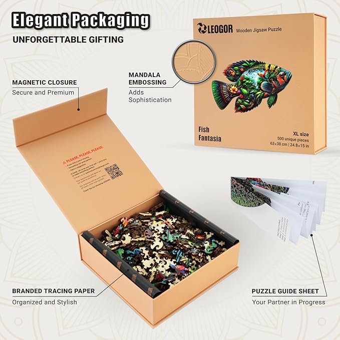 LEOGOR Wooden Jigsaw Puzzles for Adults 500 Pieces (24.8 x 15 in), Fish Shaped Puzzle, Large Sea Life Scene, Beautiful Animal Shapes, Extra-Thick 5mm Wood Puzzle Pieces, Unique Gift for Family Fun