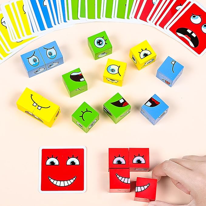 Large Wooden Face Expression Puzzle Building Cubes Manipulatives Face Changing Magic Cube Puzzles Matching Game with Bell Logical Thinking Training Brain Educational Montessori STEM Toys