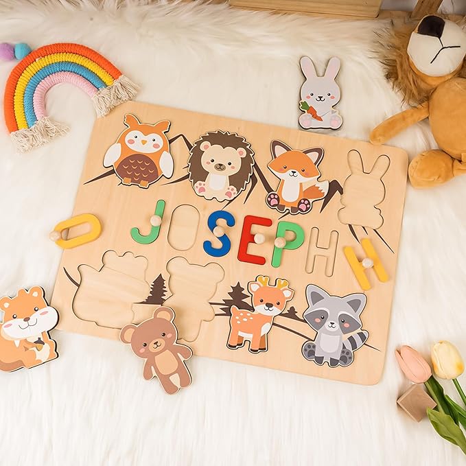 Personalized Name Puzzle for Kids, Custom Baby Gifts for Toddler 1-3, Customized 1st Birthday for Girls & Boys Wooden Animal Puzzle Montessor Toys for Kids