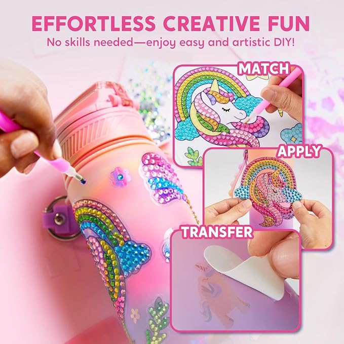 Klever Kits Decorate Your Own Water Bottle Kits for Girls Age 6+, Unicorn DIY Gem Diamond Painting Crafts, Girl Birthday Gift Arts and Crafts Fun Arts for Girls Birthday Christmas