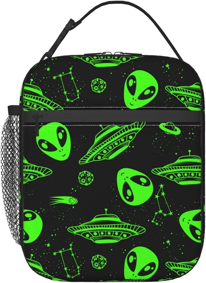 Green Ufo Alien Star Reusable Lunch Box Food Bag Insulated Lunch Bag for Teenage Boys Girls School Beach