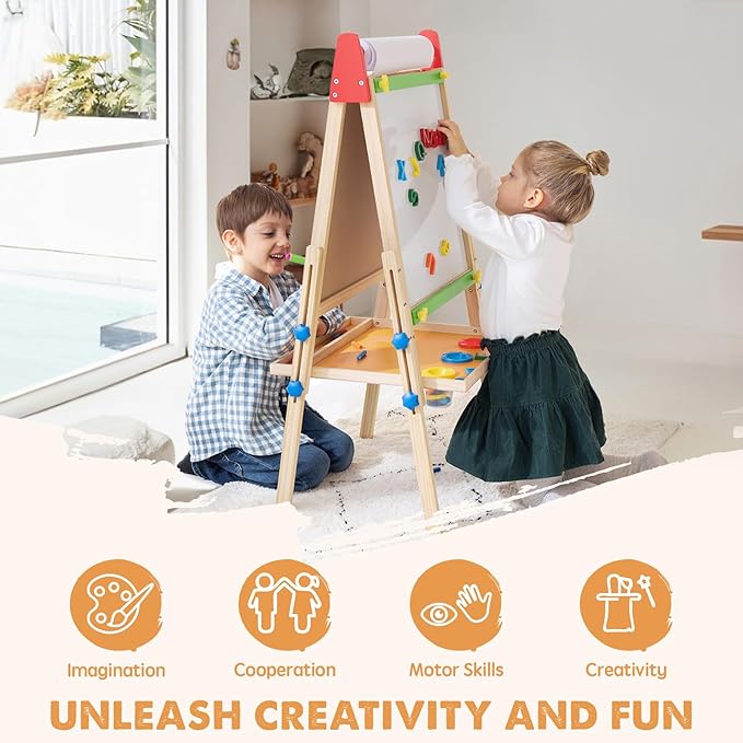 Tiny Land Easel for Kids with 2 Drawing Paper Roll, Adjustable Kids Art Easel, Learning-Toy for 3,4,5,6,7,8 Years Old Boy & Girls, Wooden Chalkboard & Magnetic Whiteboard & Painting Paper Stand