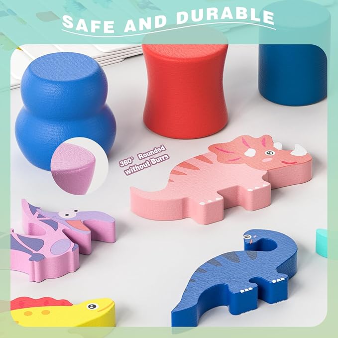 Montessori Dinosaur Toys for 1 2 3 4 Year Old Toddlers, Preschool Education Toys for Ages 2-4 Boys Girls Kids, Wooden Dinosaur Blocks Sorting & Stacking & Balance Toy, Educational Birthday Gift