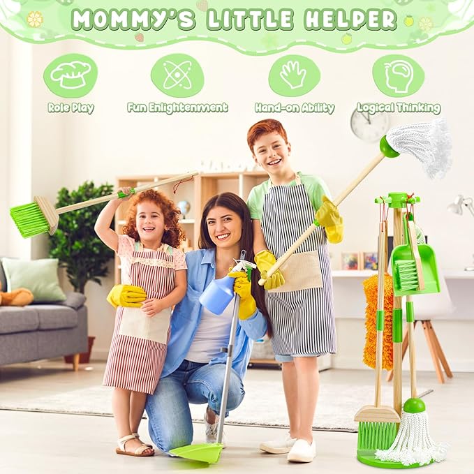 WHOHOLL Wooden Kids Cleaning Toy Set Toddler Broom Set for Housekeeping 8 Pcs Broom and Mop Set for Toddlers 3-5, Baby Cleaning Toys with Dustpan Sponge, Birthday Gifts for Boys and Girls (Green)