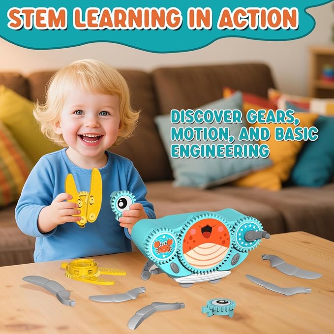 Alritz STEM Gears Toys for Kids，Building Blocks Gear Crab, Learning Educational Toy, Electric & Manual Dual Mode Playset Gift for Boys & Girls Age 3+ Birthdays, Halloween