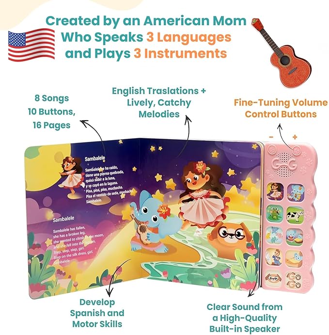 GO GO Spanish Musical Book Vol. 1: 8 Bilingual Songs, Learning Toy for Ages 1-3, Spanish Nursery Rhymes, Libros en Español para Niños, Interactive Libros Infantiles, Engaging Language Tool for Kids