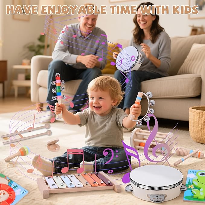 Baby Musical Instruments Set, Montessori Natural Wooden Percussion Instruments for Kids Preschool Educational Musical Toys Set with Wooden Puzzles for Toddlers 4-6, CPC Certified Music Toys