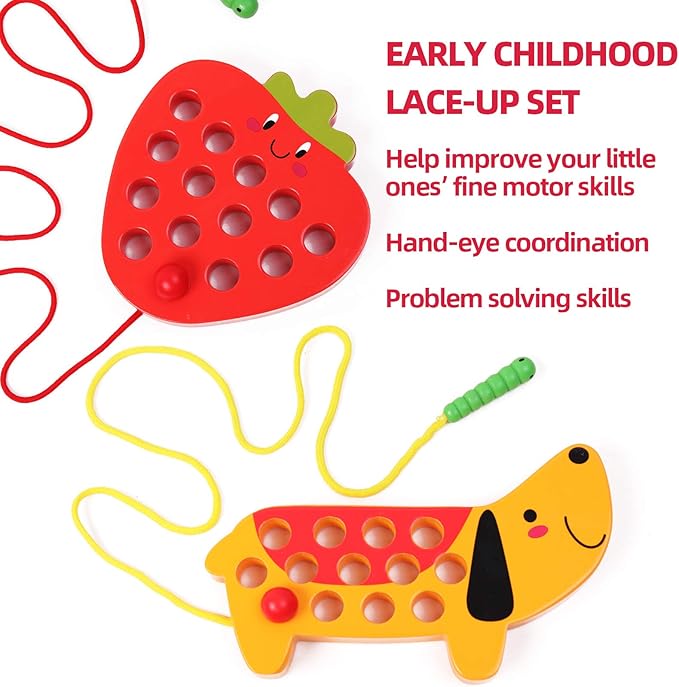 Wooden Lacing Threading Toys Fine Motor Skill Toys for 3 Year Old Educational and Learning Montessori Toddler Travel Toy 1 Strawberry and 1 Dog
