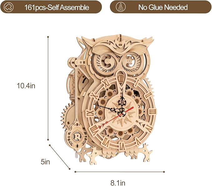 ROKR 3D Wooden Puzzle for Adults Owl Clock Model Kit Desk Clock Home Decor Unique Gift for Kids on Birthday/Christmas Day