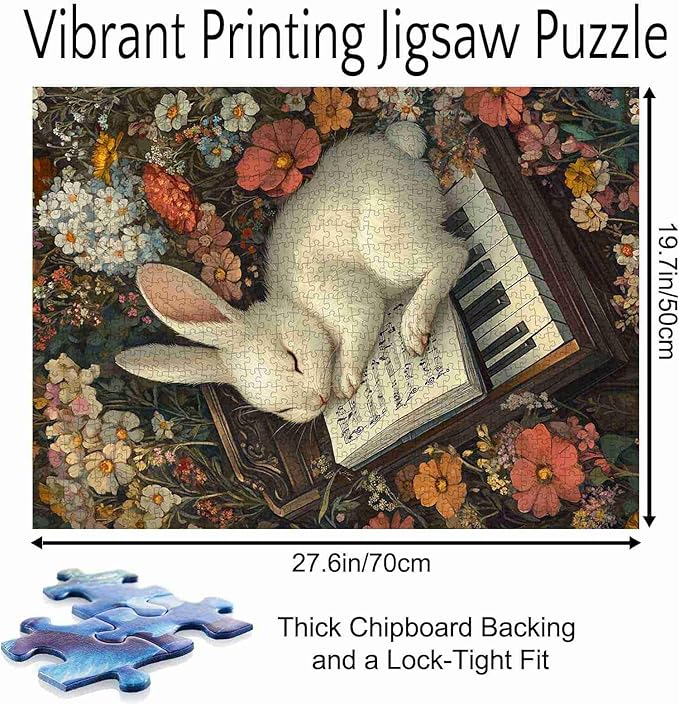 Wildlife Rabbit Lying On Piano Sheet Music 1000 Pieces Adult Jigsaw Puzzle,Musical Instrument Antique Piano Bunny Puzzle Lovers Vibrant Illustrations and Challenging Relaxing Great Gift Idea