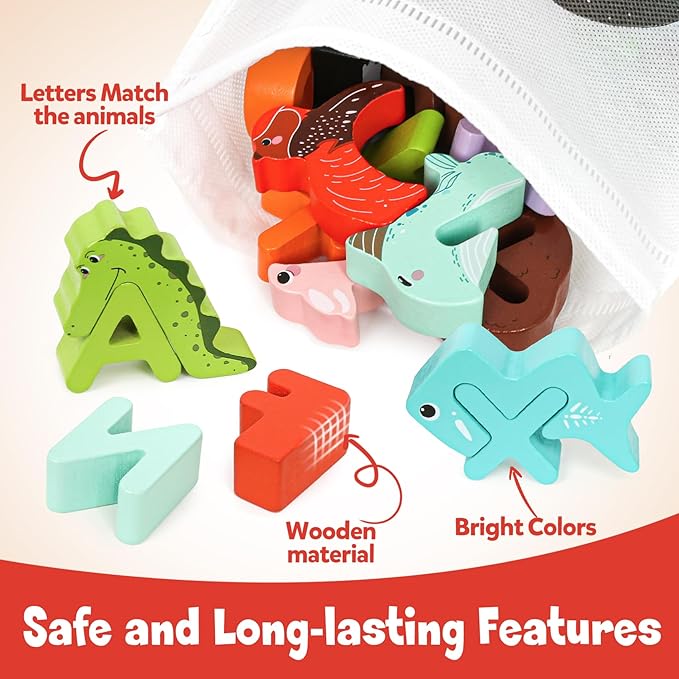 Wooden Alphabet Matching Game, ABC Animal Puzzle Board for Toddlers, Montessori Sorting Blocks Board Toy, Preschool Jigsaw Puzzle for Early Learning, Educational Gift for Kids Boys Girls Ages 3-5