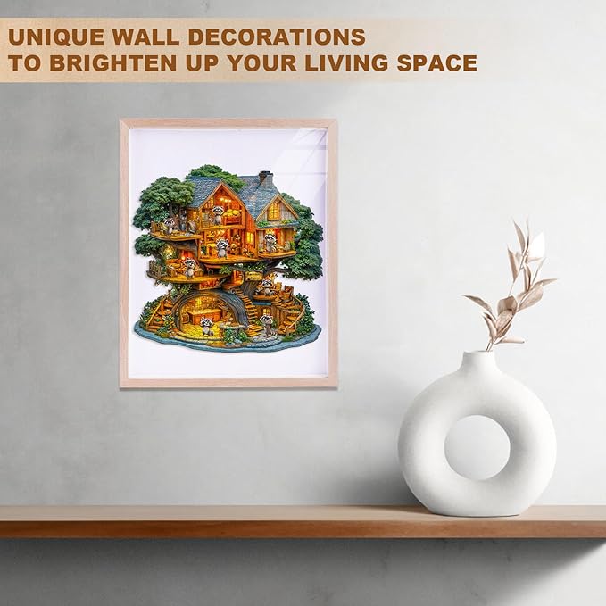 Wooden Puzzles for Adults - 200 Pieces Raccoon House Wood Puzzle - Unique Shapes Wooden Jigsaw Puzzles for Adults - Eco-Friendly Home Office Decor (11.4 * 11.2in)