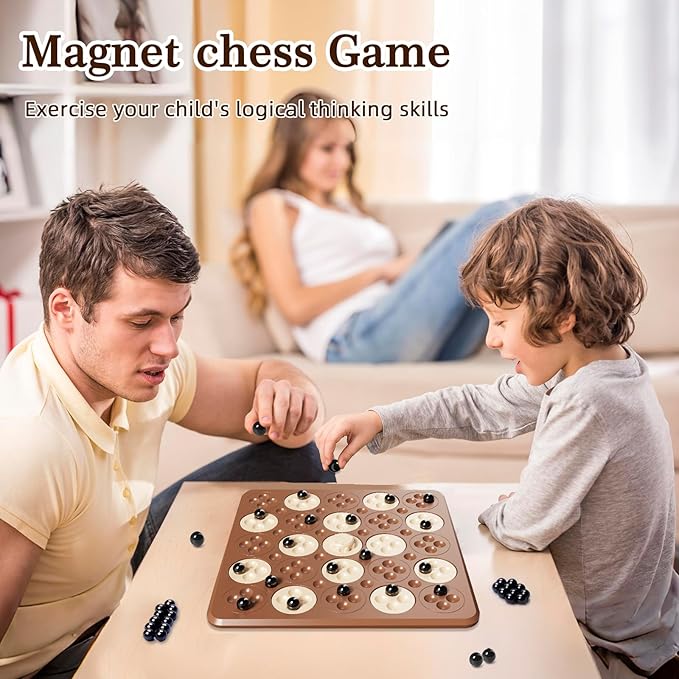 Magnetic Game Chess, Magnet Game, Magnetic Board Game for Kids Adults Family Games Night, 2 in 1 Multiplayer Magnet Chess Toy with 36 Stones & Connect-5-Piece Games, Magnet Chess Set Gift(Brown)