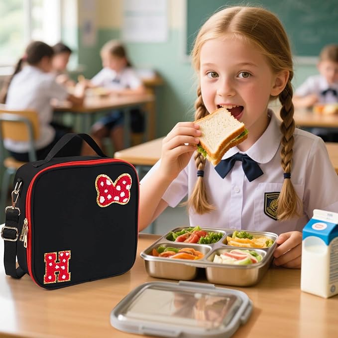 Preppy Initial Bow Mouse Lunch Bag, Kids Insulated Lunch Box Gifts for Teen Girls Daughter, Reusable Soft Lunch Containers Crossbody Cooler Bag Must Haves for Park Travel School Work Picnic Black H